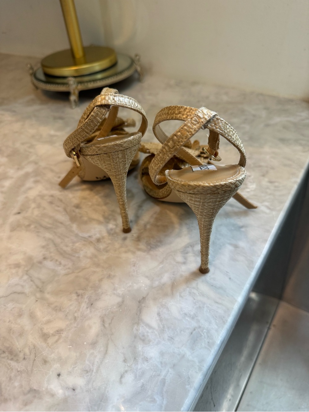STEVE MADDEN Excite Almond Raffia Rosette Slingback Sandal Heels - Picture 7 of 9